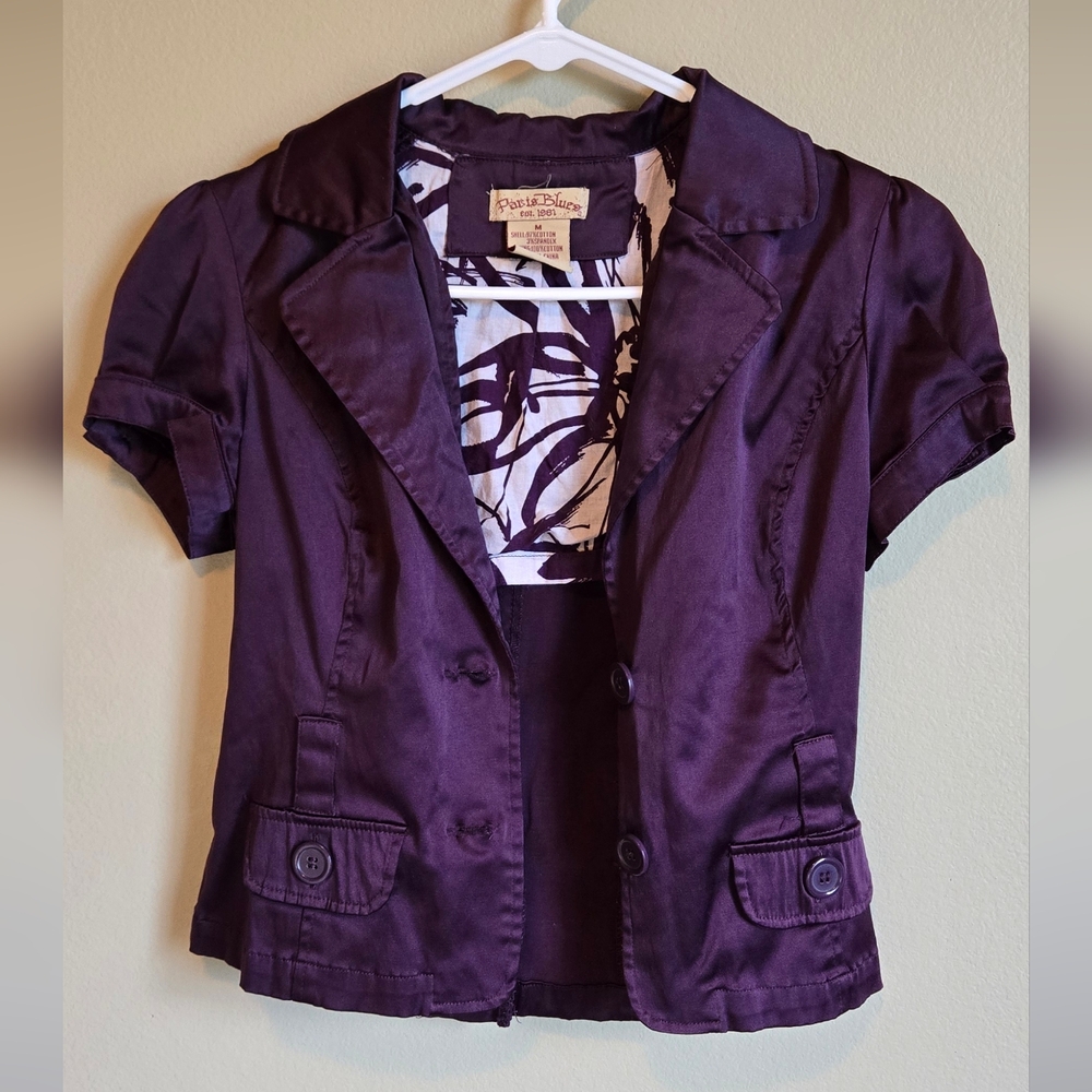 Paris Blues Blazer Jacket Women’s Small Purple Satin Short Sleeve Fitted Button - Picture 6 of 11